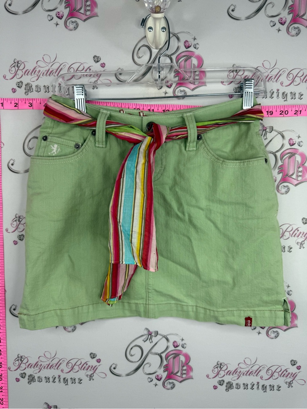 Esprit vintage skirt rare Light Green Mini Skirt with Multicolor Striped Tie